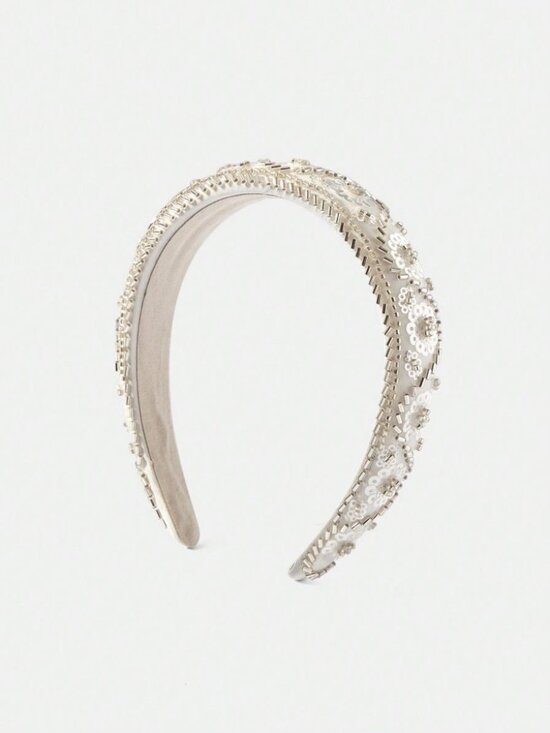 White Sequin Beaded Floral Headband main image 4